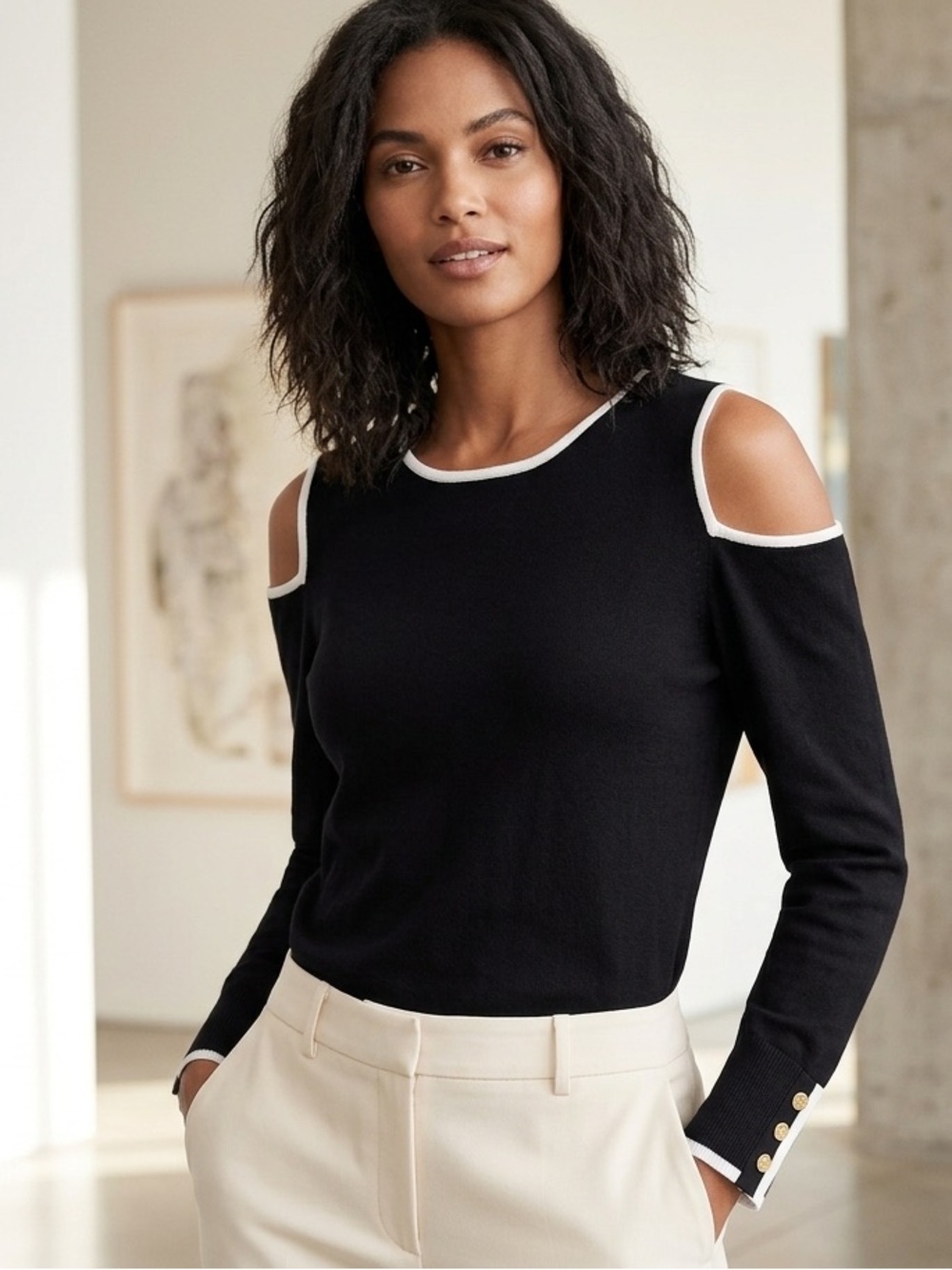 Calvin Klein Black 
Cold-Shoulder Sweater w/ cream
Trim and Gold Buttons EUC M